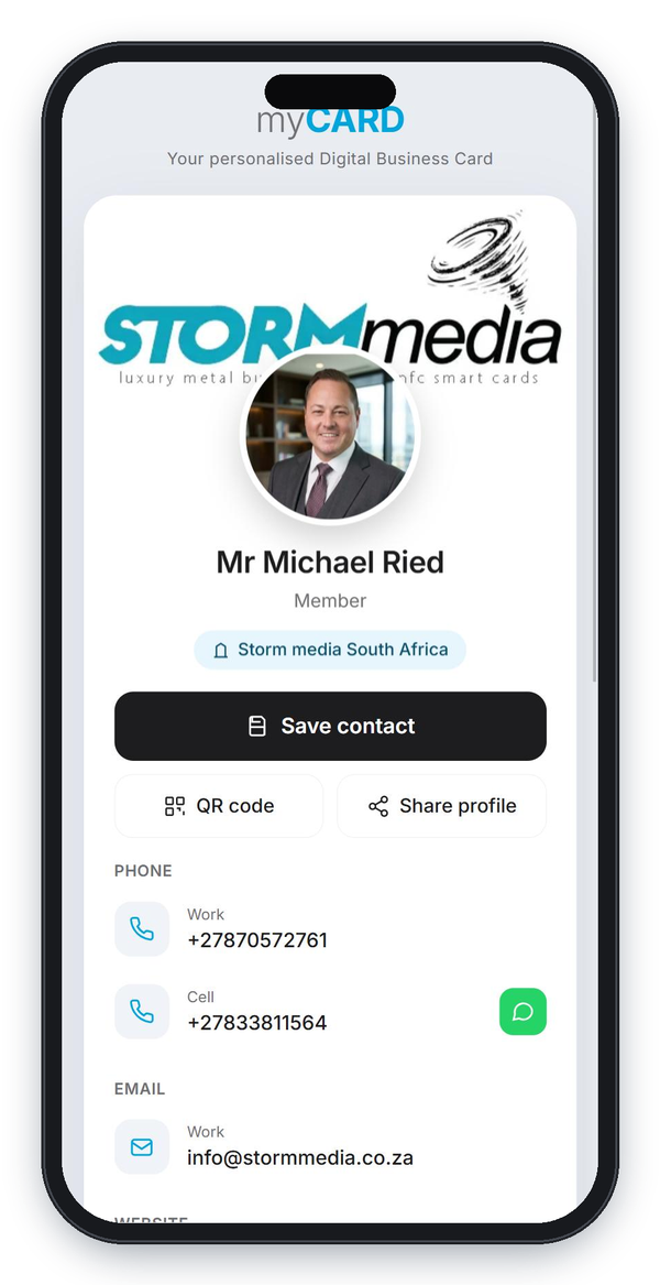 A myCARD digital business card open on a phone, with a Save contact button