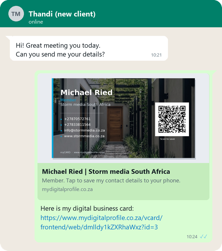 A WhatsApp chat where a myCARD link shows a picture of the business card